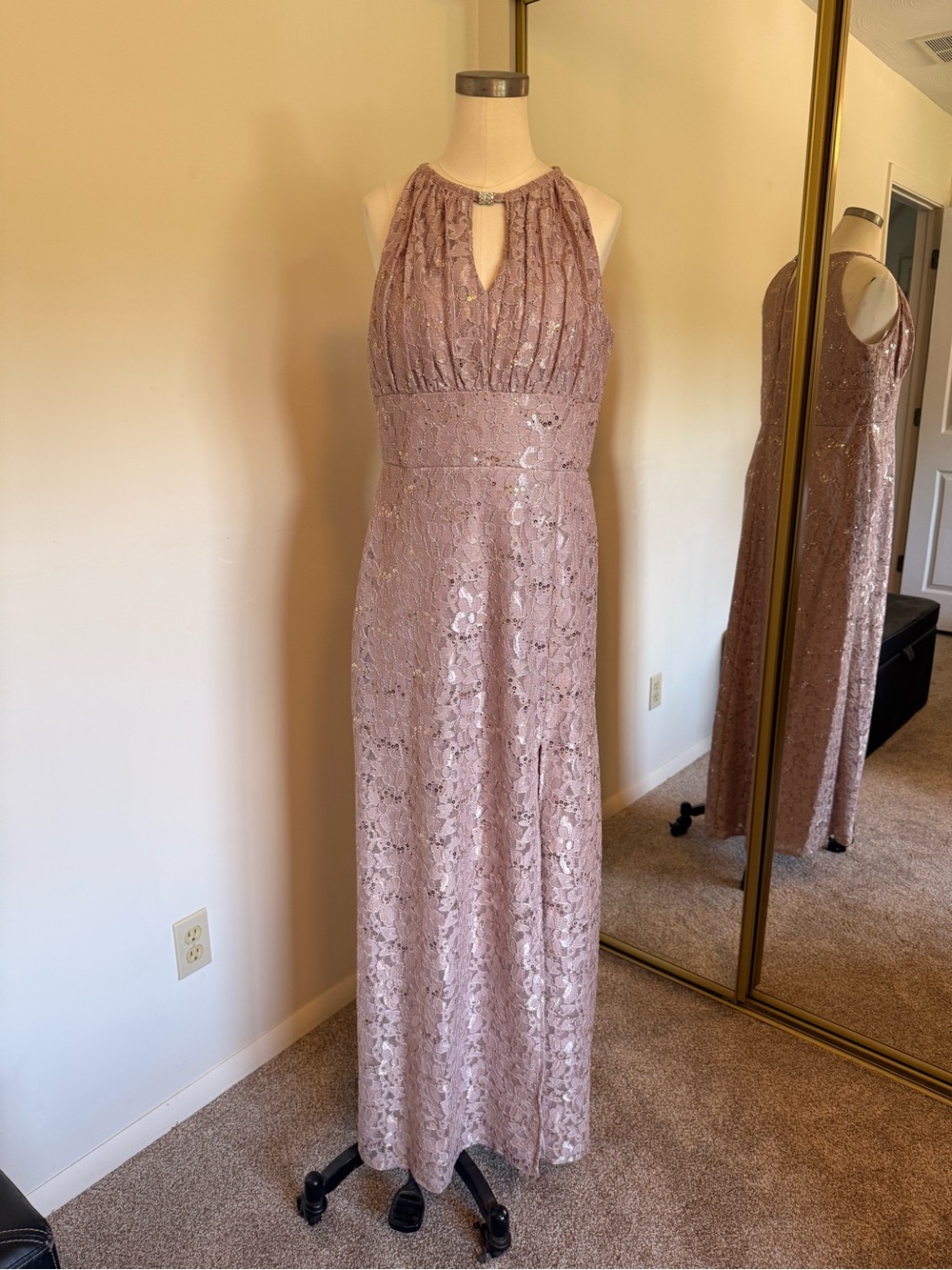 Oleg Cassini Mauve Lace Halter Gown